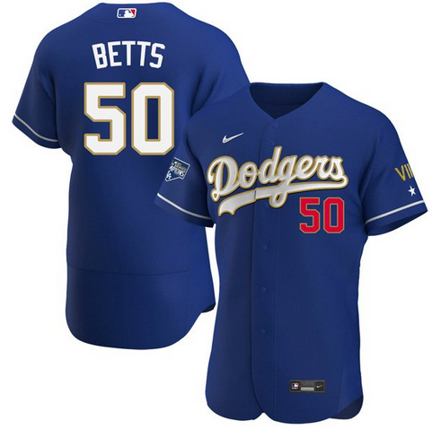 Men's Los Angeles Dodgers #50 Mookie Betts Royal Blue MLB Championship Flex Base Sttiched Jersey
